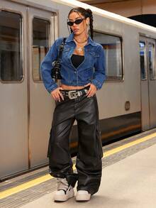 Versatile Ladies Denim Jacket With Pockets And Button Details Long Sleeve Collared Regular Fit For Everyday - Dark Wash - View 5