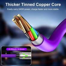 240W 四合一超快充 USB A/Type-C/Lightning 液态硅胶铝合金 LED 发光数据线，高效数据传输，兼容 17/16/15/14/13/12/11/Xs/Xr/8/7/6、S24 Ultra/S24/S23 Ultra/S23/S22/S21，通用数据线 - 紫色 - 查看 12