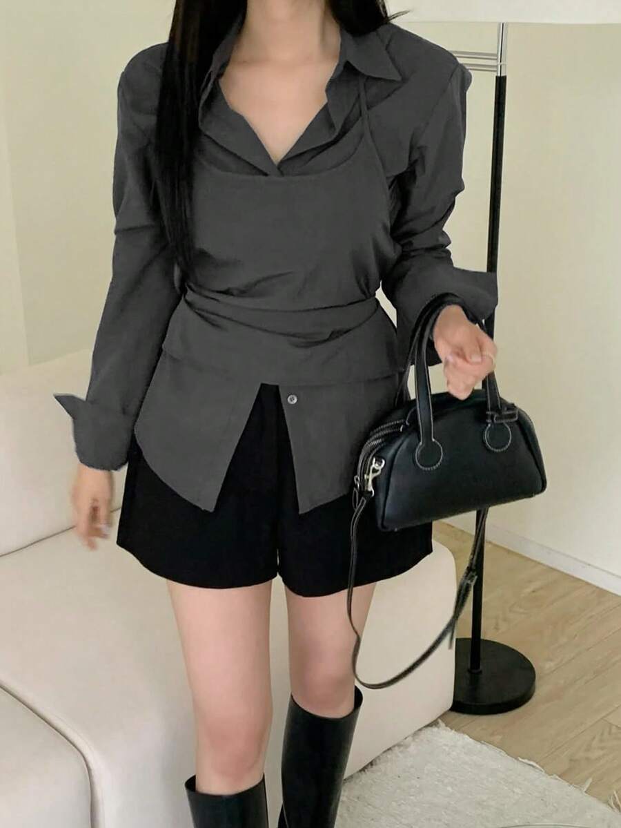 2 件套时尚设计早春简约长袖衬衫上衣 + 吊带背心女士 - 灰色 - 查看 1