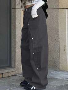 Women's Y2K Style Straight Jeans, Loose Wide Leg, Wood Pants - Xám - Xem 5