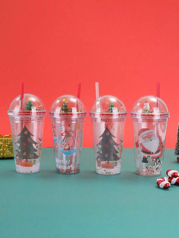 Cartoon Santa Claus Gift Cup, Double-Layer Plastic Anti-Scald Straw Cup, Portable Highly Attractive Commuter Cup