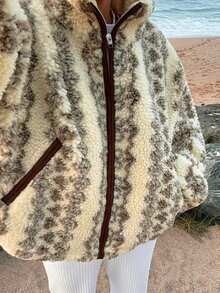 Women's Elegant Casual Zip Pocket Contrast Color Loose Long Sleeve Jacket, Autumn/Winter