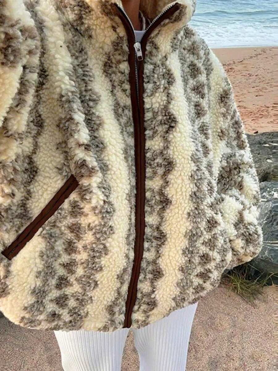 Women's Elegant Casual Zip Pocket Contrast Color Loose Long Sleeve Jacket, Autumn/Winter