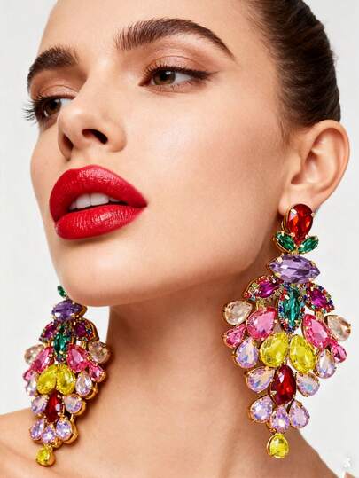 Pendientes de aro grandes y deslumbrantes con strass para mujeres, joyas de boda multicolor doradas