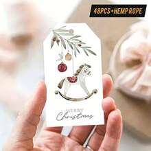 48pcs Vintage Christmas Gift Tags With Jute Twine - Elegant Rocking Horse, Red Berries & Hanging Loops, For Gift Wrapping, Classic Holiday Design With "Merry Christmas" - Suitable For Personal Or Commercial Use - Nostalgic Christmas Party Decor, Holiday Packaging Tags, Holiday Illustrations, Illustrations, Christmas Cards