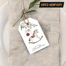 48pcs Vintage Christmas Gift Tags With Jute Twine - Elegant Rocking Horse, Red Berries & Hanging Loops, For Gift Wrapping, Classic Holiday Design With "Merry Christmas" - Suitable For Personal Or Commercial Use - Nostalgic Christmas Party Decor, Holiday Packaging Tags, Holiday Illustrations, Illustrations, Christmas Cards