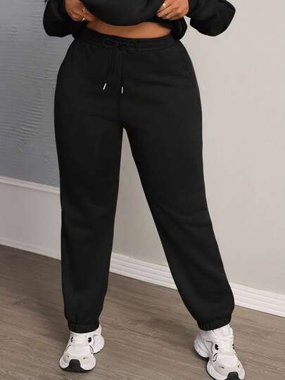 Plus Size Women's Casual Sweatpants - Stretch Knit Fabric, Plus Size Sweatpants, Women's Plus Size Pants, Pockets And Drawstring, Elastic Waist, Machine Washable, Fleece Fabric, Comfortable, Plus Size Sweatpants, Plus Size Pants, Plus Size Fleece Pants