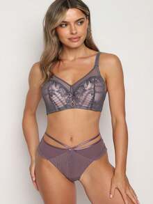 Lace Bra With Padded Cups And Detachable Straps - Grey - View 2