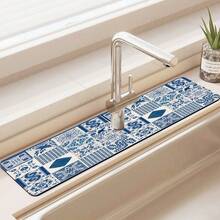 1 pieza Alfombrilla antideslizante para grifos con diseño vintage de flores y cuadros, hecha de goma de gel de sílice, apta para grifos de baño y cocina - Multicolor - Ver 4