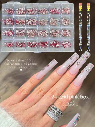 KIRAME Juego de 21 rejillas de cristal K9 de colores brillantes para decoración de uñas - 30 piezas de cada uno con 1 bolígrafo de punteado y 1 pinza, para salón de uñas, suministros de uñas, uñas de Navidad, Año Nuevo, regalo de fiesta