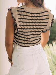 Women's Crochet Knit Striped Sweater Vest Lightweight Crewneck Ruffles Cap Sleeve Top Nutmeg Color  Striped  Colorblock    Casual    Rib-Knit  Ruffle    Vacation - 黑多色 - 查看 2