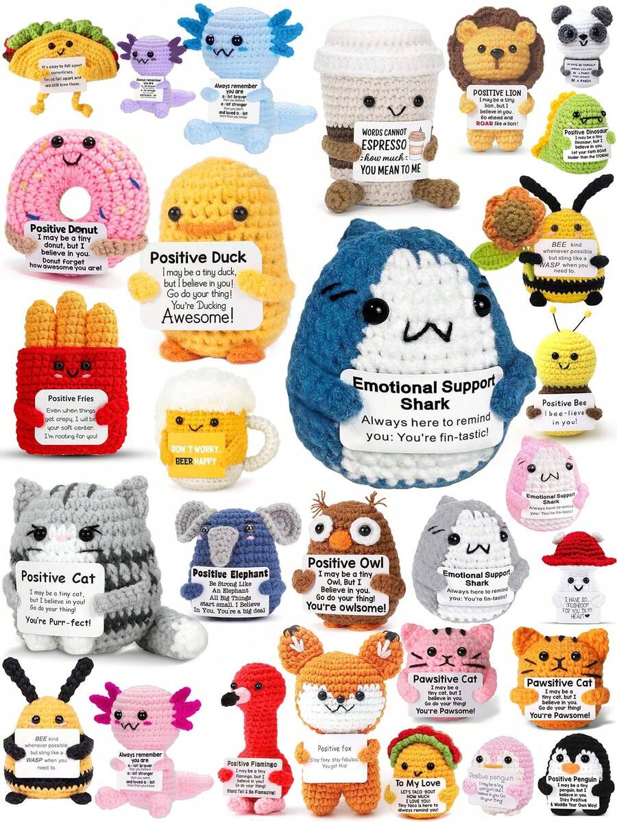 Handmade Penguin Gift, Funny Crocheted Penguin Pendant, Stress Relief Shark, Creative Crocheted Bee/Corn Ring Inspirational Decor Ornaments, Desk Decor, Motivational Card Included, Copper Keychain Pendant, Desk Decor Potted Plant, Vegetable, Positive Gift - Food Series - View 1