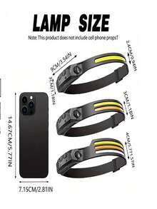 1 Lanterna de Cabeça Recarregável USB LED+COB, Lanterna de Cabeça com Sensor de Movimento, Adequada para Corrida, Pesca, Camping, Trilha, Luzes de Emergência