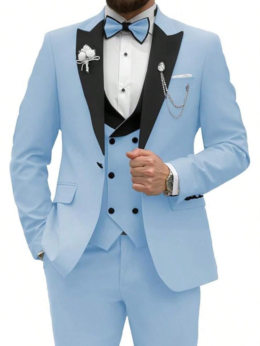 2026 Men's Casual Blazer & Pant Set Men's Tuxedo Suit 3 Piece Slim Fit Suit For Men Tuxedo For Men Wedding Party Dinner Prom Relaxed Stretch Fit For Smart Casual Events - 天藍色 - 查看 1