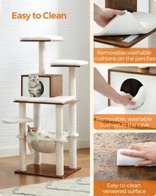 Feandrea WoodyWonders Cat Tree, Modern Cat Tower For Indoor Cats, 54.3-Inch Multi-Level Cat Condo, Ultra-Soft Plush, Scratching Posts, Hammock, Removable, Washable Cushions, Rustic Brown - Brown - View 2