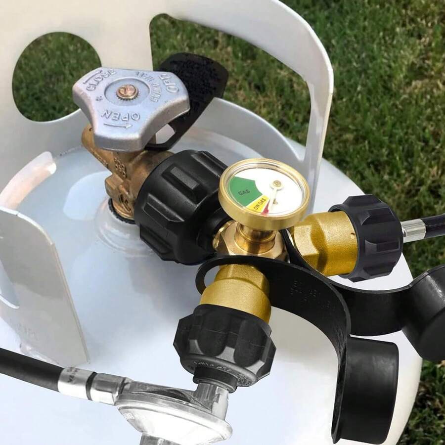 Divisor de tanque de propano de 2 vías con manómetro - Adaptador en Y de latón y válvula de cierre para estufas de camping, parrillas de barbacoa, calentadores y quemadores de gas