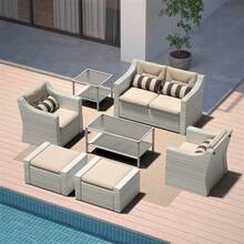 Outdoor Patio Furniture Set, 7/5/4/3/2 Piece Patio Conversation Set Outdoor Furniture Set, Wicker Lounge Chair With Ottoman Footrest, Coffee Table & Cushions (Brown/Grey) - Grey - View 11