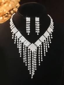 4pcs Elegant Geometric Tassel Rhinestone Jewelry Set Including Necklace, Earrings, Bracelet, Suitable For Women's Daily, Gifts, Weddings, Parties, Versatile And High-End