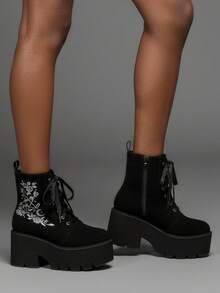 Fashion Punk Women's Ankle Boots Round Toe Lace Up Embroidery Platform Chunky Mid Heel Short Boots Outdoors Walking Daily Motorcycle Boots - 黑色絨面 - 查看 3