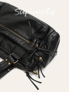 STEPHIECATHY Solid Color Washed Soft PU Faux Leather, Zipper Closure, Multi-Pocket Design, Dual Short Shoulder Straps, Adjustable Waist Belt, Unisex, Retro Casual Practical, Suitable For School & Daily Commute - Black - View 7