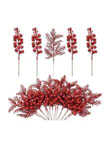 10 Pcs Christmas Decorations Set With Glitter Pine Branches & Berry Stems - For Xmas Tree Decor, Gift Wrapping, Party Home Decor, Ornament Crafting, Wreath Making, Holiday Festive Decorations (Gold/Silver/Champagne/Red) - Perfect Christmas Party Home Decor & Gift Supplies