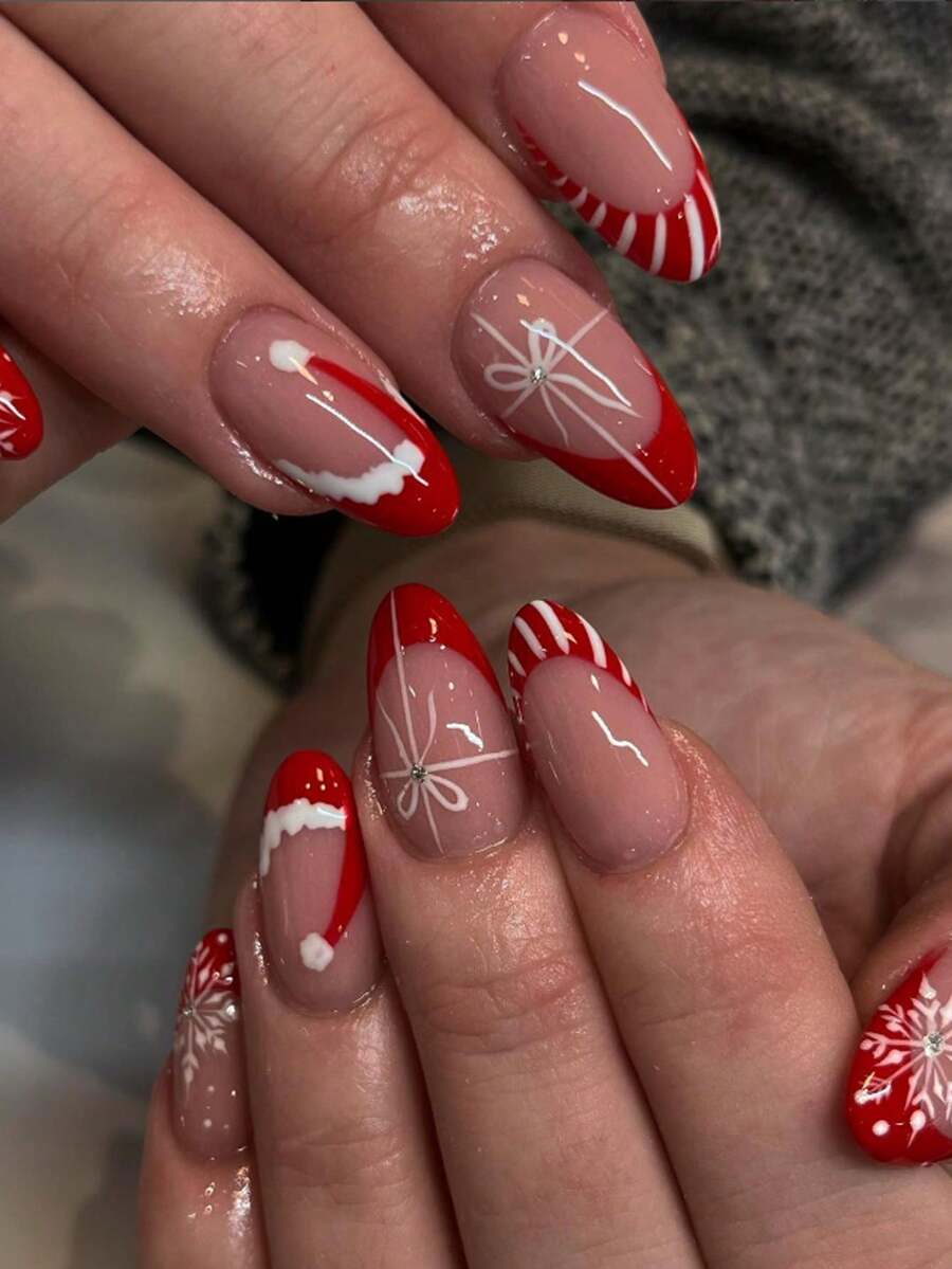 24 件/套圣诞主题杏仁形按压指甲，采用红色圣诞帽、条纹、闪光、雪花设计，包括果冻凝胶和指甲锉，适合女孩/女士节日、约会、派对指甲，秋冬 - 彩色 - 查看 1
