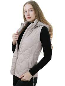 Women's Llight Quilted Vest Solid Color Casual Leisure Knot Zipper Pocket Home Daily Office - بيج - مشاهدة 2