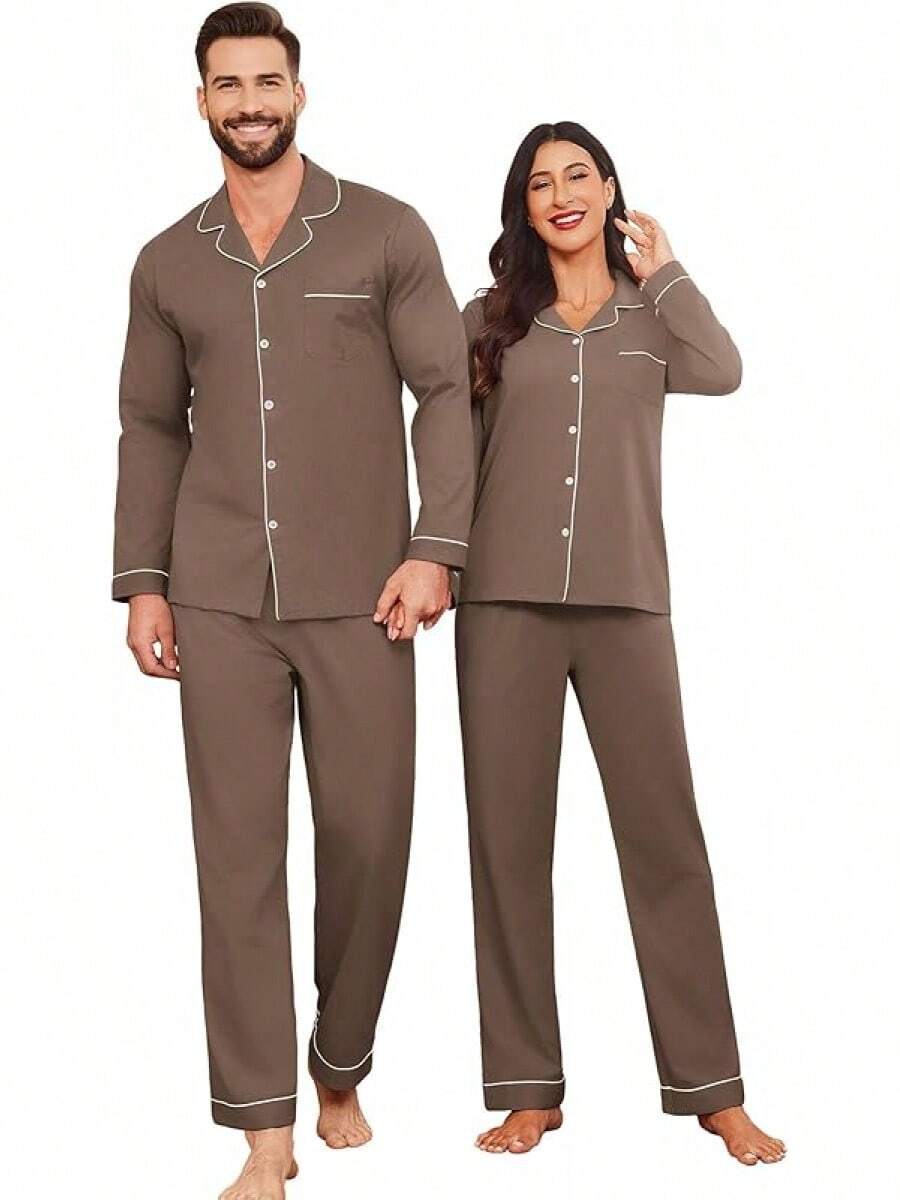 Couple Matching Pajamas 100% Cotton Long Sleeve Sleepwear Button Down Loungewear Pjs Set S-XXLhalloween - 棕色 - 查看 1