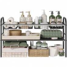 Organizador Bajo Fregadero, Estante de Cocina Expandible de 2 Niveles con 2 Cestaíble, Adecuado para cocinas baños, etc.Anchura 78.5-88 Ajustable, Blanco - 2Niveles(2 cestas extraíbles) Blanco - Ver 10