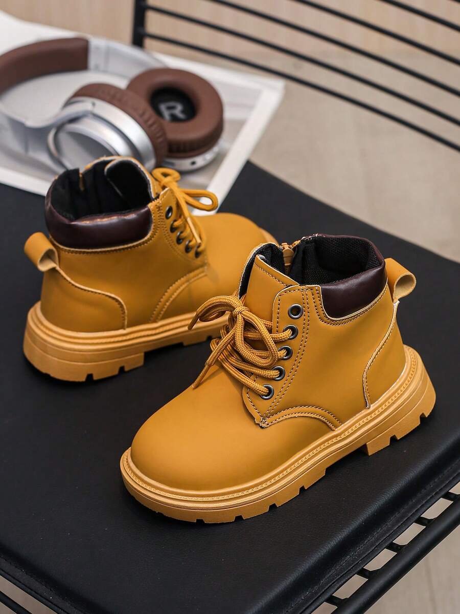 Fashionable Children Ankle Boots, Toddler Shoes Flat Side Zipper, New Autumn/Winter Leather Upper Boys Boots Girls Boots, Baby Boots - Yellow - View 1