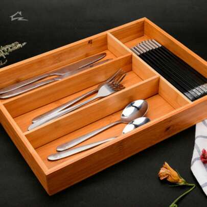 Porta Talheres de Bambu com 4 Divisórias  Organizador de Gaveta ou Bancada