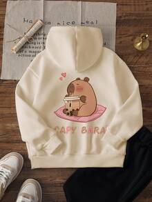 1件少女休闲水豚印花套头卫衣，保暖内衬，色彩鲜艳的图案设计，适合情人节穿着 - 杏色 - 查看 3