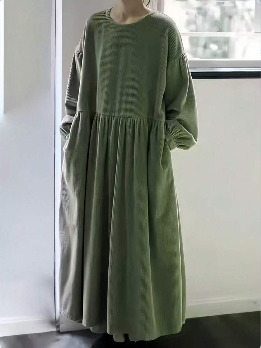 Modest Khaki Long Smock Dress For Plus Size Women Featuring Round Neck Raglan Long Sleeves Button Details And Flared Hem - Green - View 1