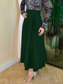 女士高腰及膝办公室半身裙，秋冬 - 墨綠色 - 查看 4