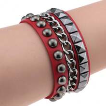 Punk Style Rivet Chain Leather Bracelet Personality  Rock Style Multi-Layer Bracelet Dark Cool Stylish Accessory - Đỏ - Xem 1