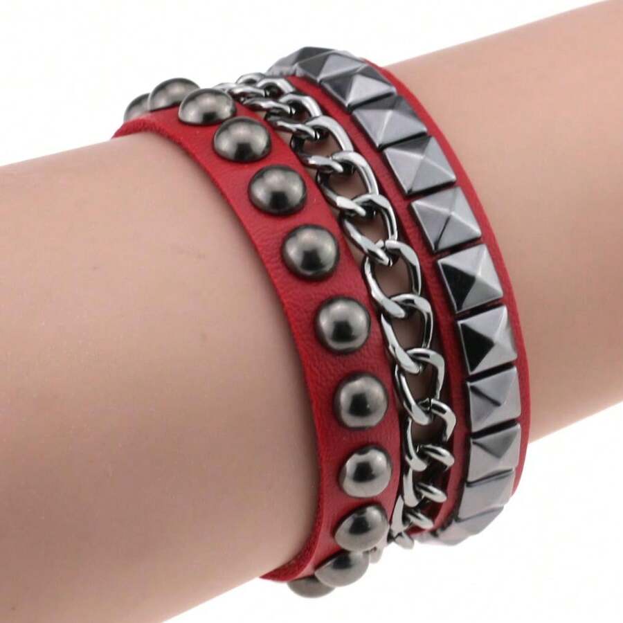 Punk Style Rivet Chain Leather Bracelet Personality  Rock Style Multi-Layer Bracelet Dark Cool Stylish Accessory - Đỏ - Xem 1