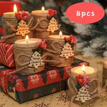 8 buc. decorațiuni de Crăciun, suport pentru lumânări tip pastilă din lemn cu lumânări tip pastilă, semn de Crăciun fericit pentru petrecere de sărbători, Anul Nou, Halloween, decorațiuni de Crăciun, nuntă, aniversare, cadouri de petrecere pentru petrecerea burlăcițelor, cadouri de Crăciun