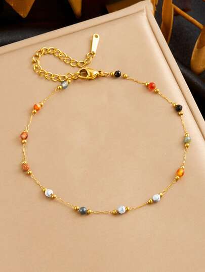 RAYQUEEN 1pc Trending INS Mixed Natural Stone Combination Design Colorful Random Beads Anklet, 18K Gold Stainless Steel Versatile Delicate Anklet Jewelry For Women, Suitable For Daily Wear