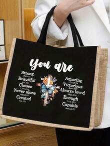 Linen Tote Bag, Zipper Closure, Cross & Butterfly Letter Pattern, Women's Handbag, Birthday, Party, Holiday Gift, Christian-Themed Tote Bag And Cosmetic Bag Set, Holiday Style Letter Design Shopping Bag, Suitable For Weddings And Birthdays, Best Gift For Family And Friends. Unisex, Couples, Suitable For Daily Use. - Multicolor - View 11