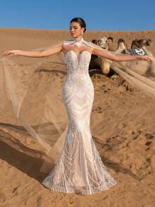 Faeriesty 奢华两件式串珠晚礼服，饰以引人注目的鱼尾设计——完美适用于水下婚礼、海洋主题派对、红毯活动和奢华晚宴等正式场合，尽显优雅气质。 - 香檳色 - 查看 5