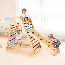 Indoor Playground Jungle Gym, 4-In-1 Wooden Indoor Playground Playset With Climbing Rock, Slide, Wooden Ladder & Gym Rings, Montessori Style Playground Climbing Toys For Boys Girls, 220LBS - M Color 4-in-1 - View 9