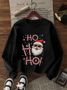 女装秋冬新款简约INS字母圣诞圣诞老人印花街头休闲圆领时尚百搭卫衣 - 黑色 - 查看 2