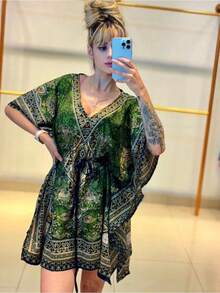 Elegant BOHO  Short Dress With Bat Sleeves, Wedding, Party, Leisure, Christening - Green - View 2