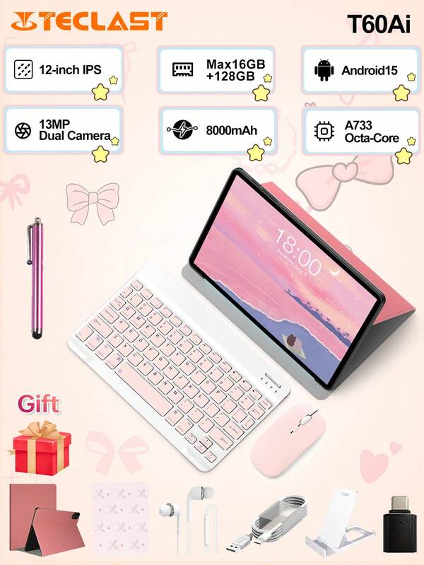 Teclast Teclast T60Ai Android 15 Tablet 12inch IPS, 2000*1200Resolution,Allwinner A733 Octa-Core ,16GB(6GB+10Gvirtual) RAM,128GB ROM,8000mAh Battery,Back13MP+Front 5MP Camera,2in 1 Tablet PC, Pink Tablet Case,With Keyboard &Wireless Mouse,Mouse Pad Accessory Bundle