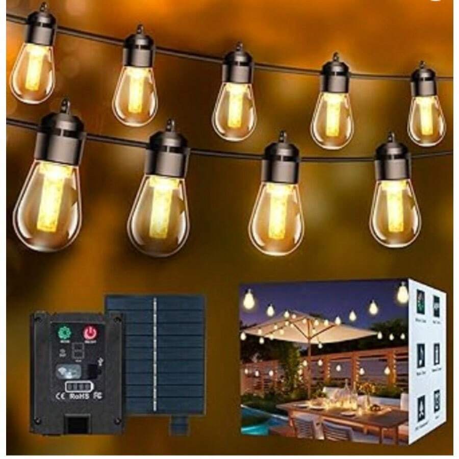 34FTSolar String Lights Outdoor Waterproof, Solar Powered Patio Light With 15 Dimmable S14 Edison Bulbs Shatterproof & Remote Control, Solar String Lights For Outside Garden Backyard - 暖白色 - 查看 1