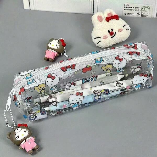 Sanrio Cartoon Kitty transparente Federtasche, hochwertige großvolumige wasserdichte Stiftetasche, modischer japanischer Stil