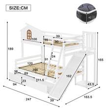 Etagenbett mit charakteristischen Fenstern und vierstufiger Kipptreppe, Kinder und Mutterbett mit Rutsche, mit zwei Schubladen, Bettrahmen aus Massivholz, Weiß, 90x200 & 120x200cm