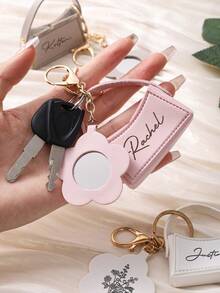 Personalized Portable Flower Mirror, Keychain Mini Pouch, Solid Color Small Square Bag, Gift For Friends - Multicolor - View 5