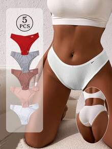 5pcs Briefs Panties Ribbed Knickers Women's High Elastic Underpants Panty Solid Color Underwear Letter Design Lingerie Low-Waist