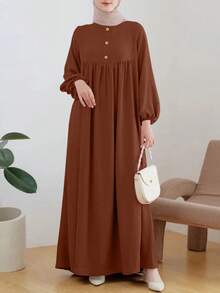 Women's Elegant & Comfortable Abaya Style Round Neck Long Dress Spring - Coffee Brown - View 10
